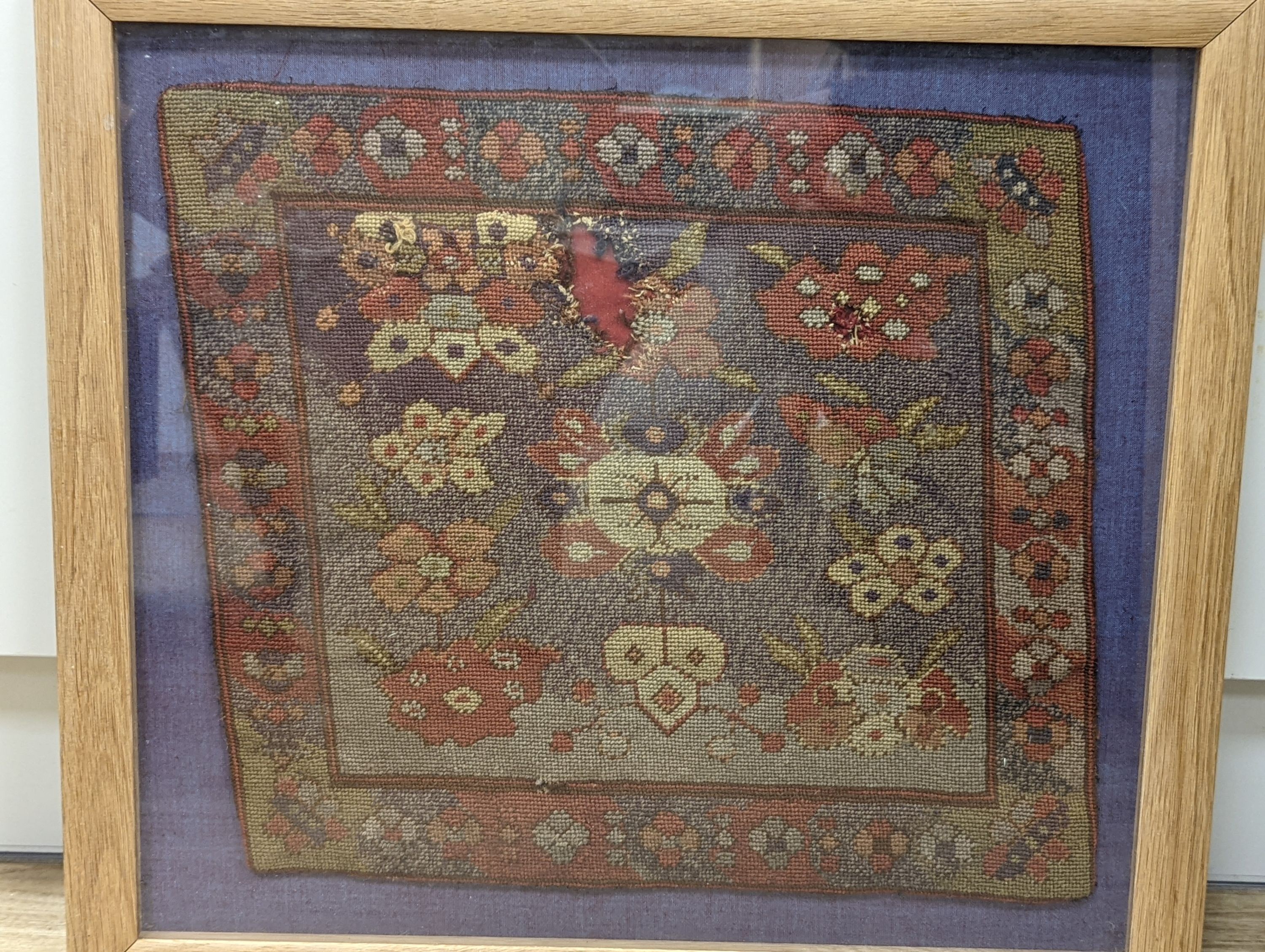A 19th century Turkish petit point cushion cover, framed 38x43cm excl frame